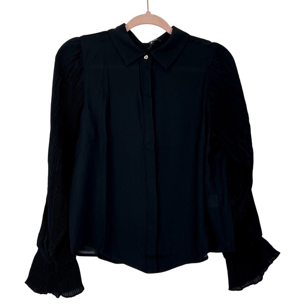 NWT Area Stars Black Long Balloon Crimped Sleeves Button Up Dressy Blouse Top S